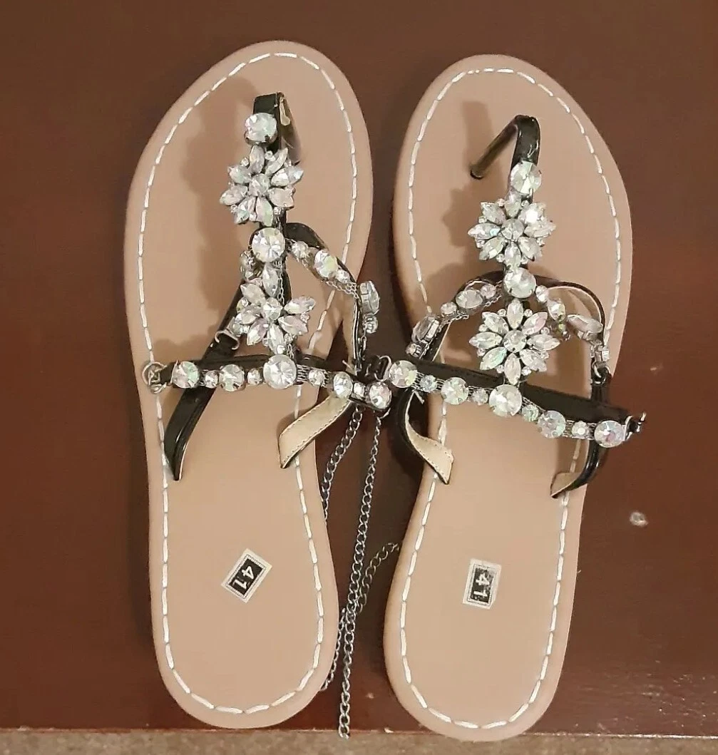 Black flat sandals with rhinestones sales