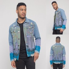 Victorious Men's Casual Ripped Distressed Airbrush City Denim Jean Jacket DK164