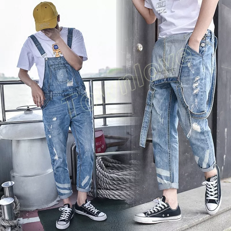 Men Slim Ripped Hole Casual Denim Overalls Jumpsuit Jeans Cowboy Pants Dungarees