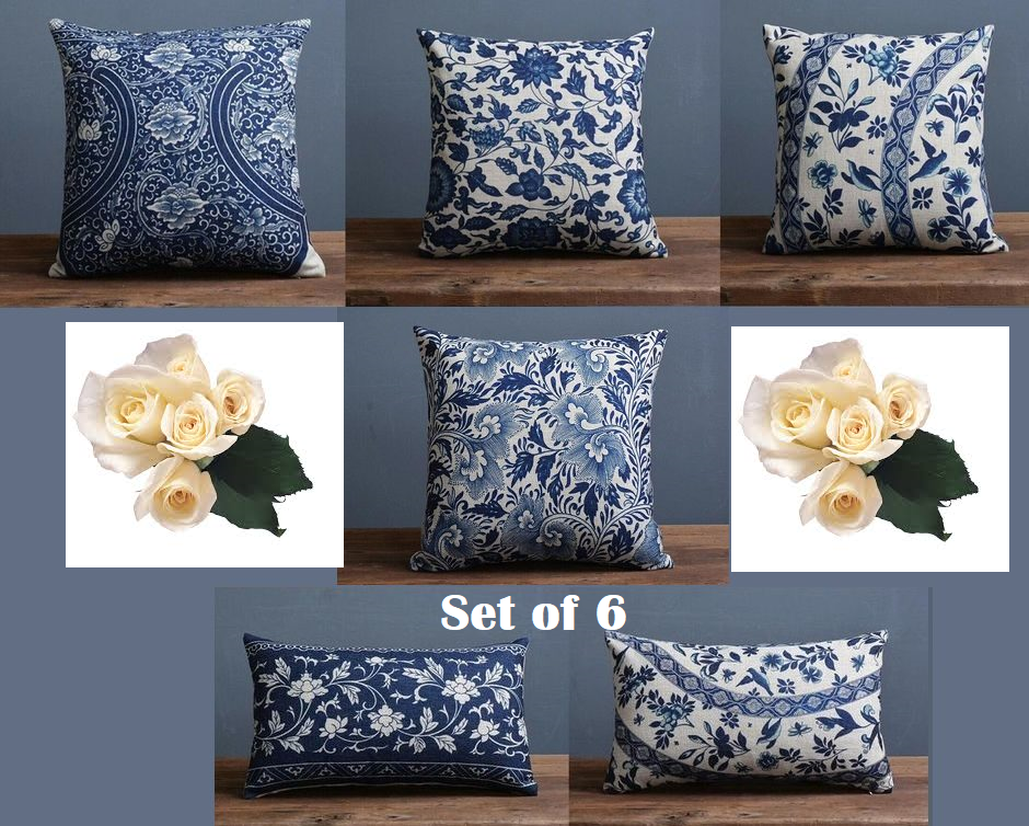 Hamptons Blue/White Cushion Covers SET OF 6 Zip Up Home Floral Linen Pillow Case eBay