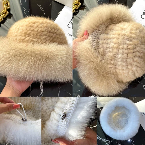 Cappello donna vera pelliccia di visone secchiello berretto caldo lavorato a maglia invernale con orlo pelliccia di volpe - Foto 3 di 31