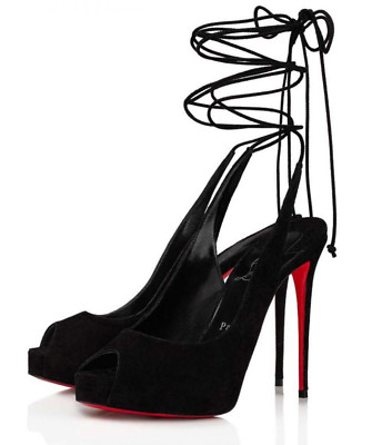 Christian Louboutin Black Heels パンプス Christian Louboutin Lace Up NVP 120 Black Suede Peep Toe Sandal