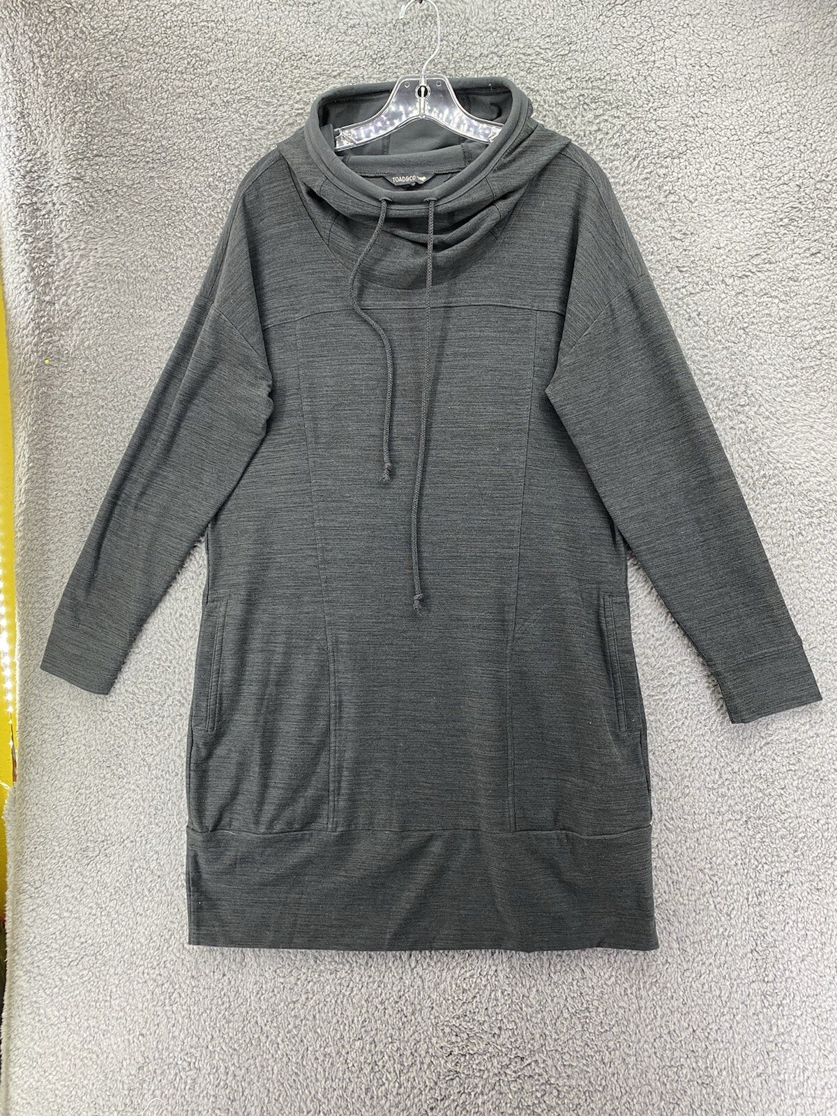 WOMENS Large TOAD & CO DARK GRAY HOODED DRESS WITH POCKETS LONG SLEEVE
