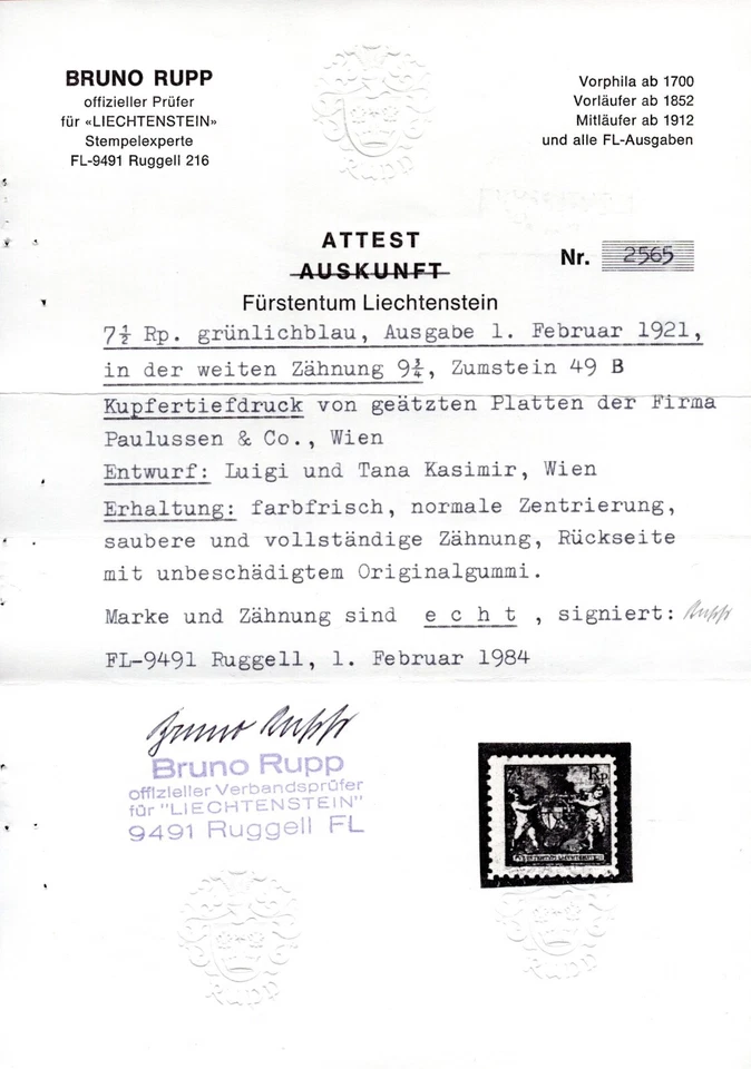 LIECHTENSTEIN 1921 7 1/2R THE RARE PERF 9.5 SC. #58A CERTIFIED BRUNO RUPA MNH - Image 3 of 3