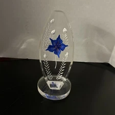 Vintage  Blue Floral Etched Carved Lucite Acrylic Paperweight Beautiful