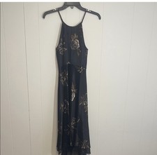 Nine West Halter Maxi Dress Black Gold Floral 100% Silk Sleeveless Size 8