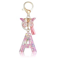 Initial Letter Keychains for Women Cute Pink Keychain with Tassel Butterfly A