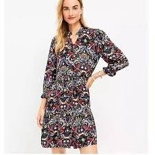 CLEARANCE LOFT Paisley Floral Boho Popover Mini Dress 3/4 Sleeve Size L Large