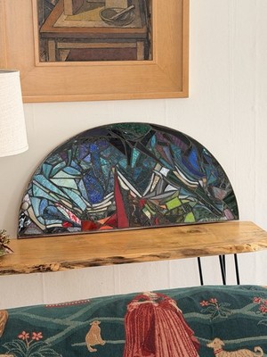 Stained Glass Mosaic Panel Transom 30+ Inches Abstract OAK Framed and Mounted
