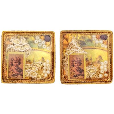 Vintage Clip Earrings Victorian Shadowbox Frame, Artisan Collage Under Glass