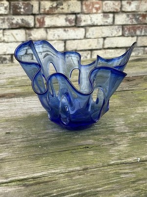 Blaue Glasschale Vase 1970 Vintage Polnischen Manufaktur Makora Krosno