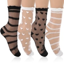 4 Pairs Sheer Socks, Lace Heart Socks Black Ruffle Ankle Sock for Women