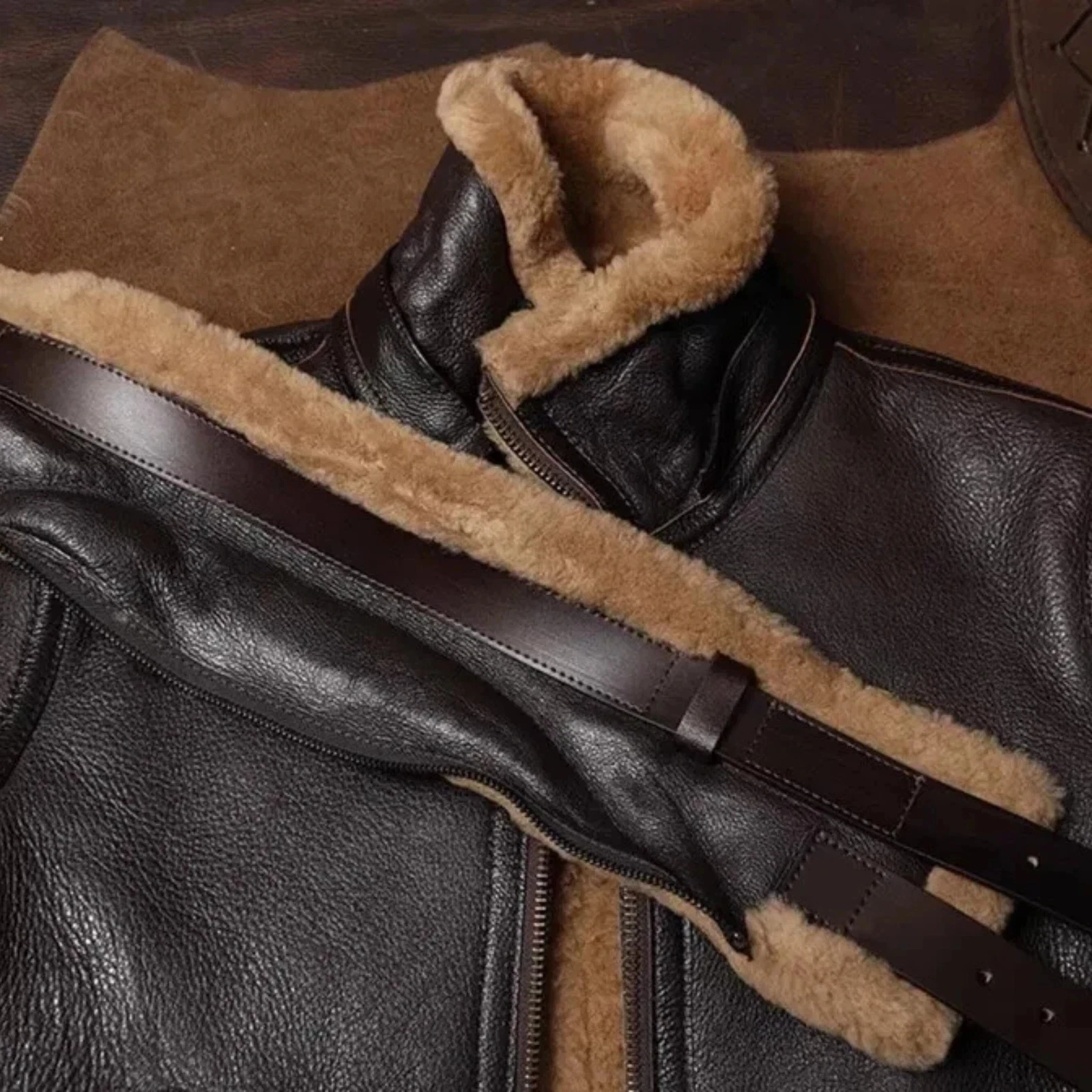 Mens B3 Aviator Shearling Leather Jacket Brown Flight Bomber Coat Christmas Gift image 3