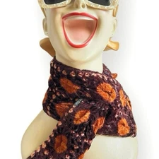 Block Print Reversible Velvet Vintage Pull Through Scarf Orange Mauve Brown 28”