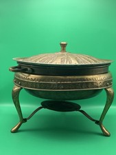Vintage Middle Eastern Brass Chafing Dish Embossed Figures With Stand 10&rdquo; Lid