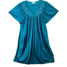 Vanity Fair Nightgown Sz L Floral Embroidery Teal V-Neck Short Sleeve USA