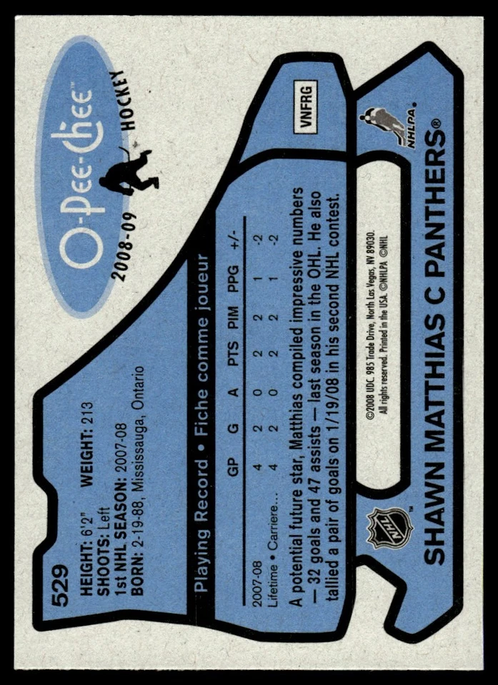 2008-09 O-Pee-Chee 1979-80 Retro Shawn Matthias Rookie Florida Panthers #529 - Image 2 of 2