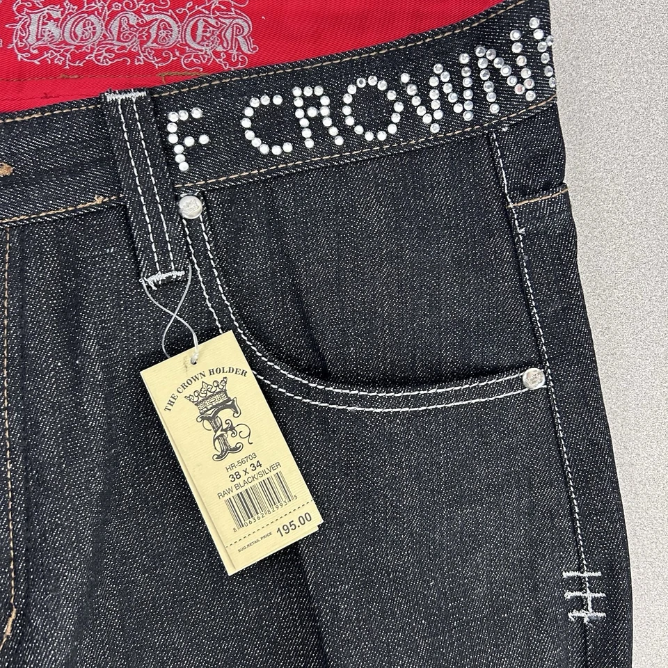 Pantalones de mezclilla negros crudos holgados bordados con soporte de corona hip-hop para hombre 38x34 Foto 2 de 4