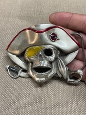 Pirate Skull Skeleton and Swords Belt Buckle 1997 Solid Fine Pewter colorful 4"