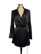 Boohoo Black Satin Wrap Mini Shirt Dress Size 12 Belted Witchy