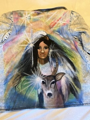Ryan Scott Denim Jean Acid Wash Jacket  Airbrushed Indian Maiden Deer Eagle Vtg