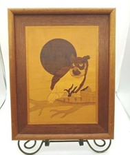 Vintage Marquetry Handcrafted Owl Multi Wood Composition Framed Picture Owl USA
