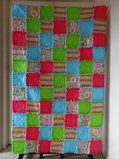 Rainbow Stripes  Flower Flannel Rag Quilt 41"x65" Pink Light Blue Lime