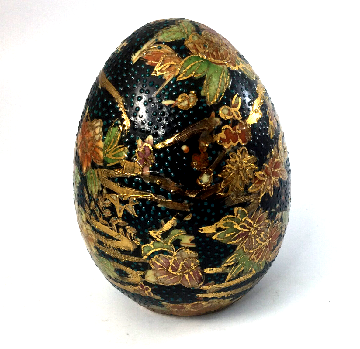 Vintage Ceramic Egg with Gold Cloisonne Roses Floral Design  