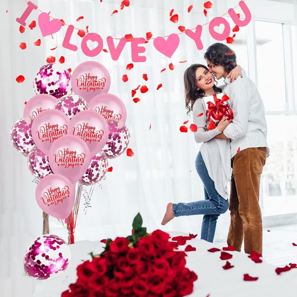 Valentines Day Decorations Set Pink Balloons I LOVE YOU Banner Confetti