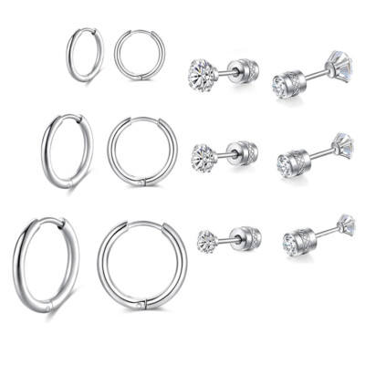 Pairs Stainless Steel CZ Stud Earrings Sets Women Men Cartilage Ear  Piercing