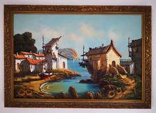 Quadro - Villaggio di pescatori con scogliere, firma "Lucas" con cornice antica