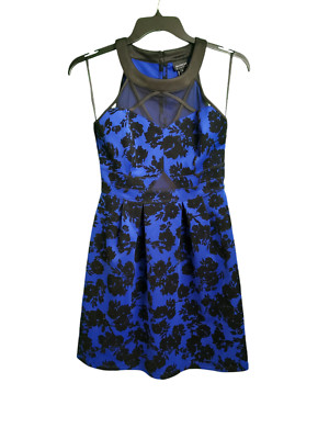 Blue & Black Floral Print Prom Mini Dres Velvet & Shoulder Sheer EnFocus Studio 