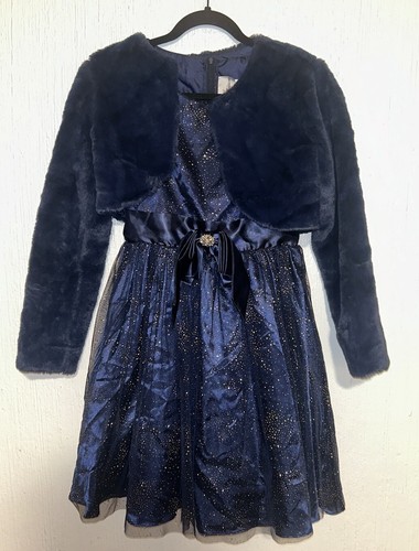 Rare Editions Mädchen Marine Gold Kleid und Marine Kunstfell Jacke Größe 16