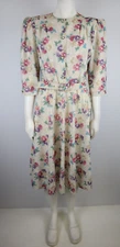 Vintage 80s 90s Women's Dress Floral Print Belted A-Line Midi CALIFORNIA LOOKS