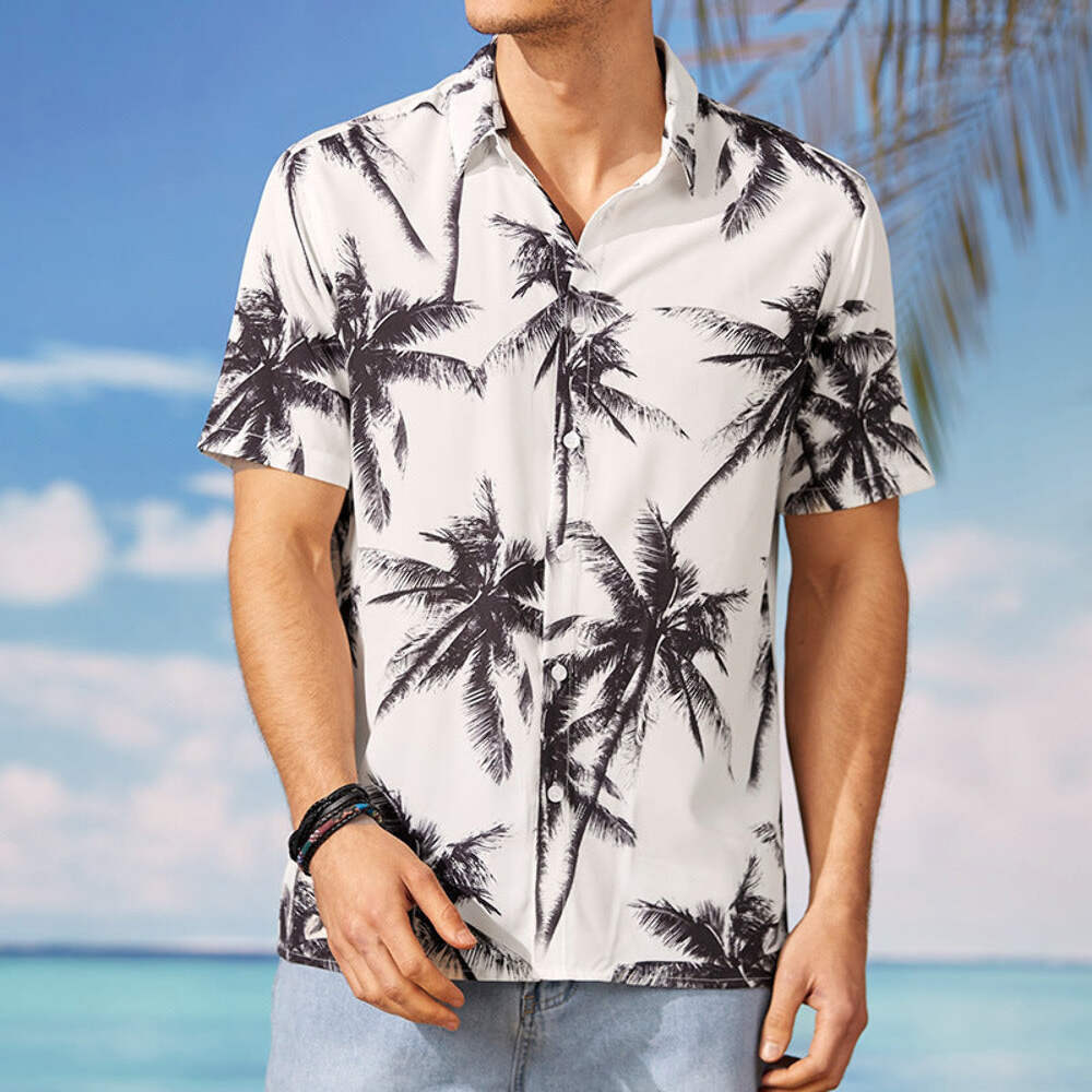 Men's Casual White Short Sleeve Hawaiian Print Shirt with Coconut Tree Design