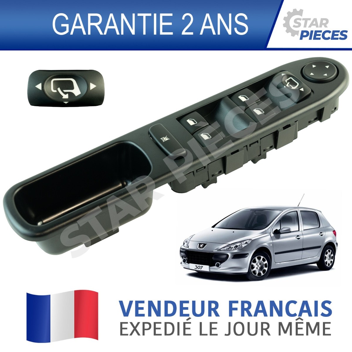 Bouton Lève-vitre électrique Gauche Avant Pour Peugeot 307 - Réf. 6554.KT/KS - Neuf