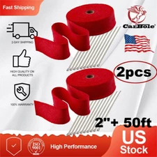 Set of 2 2" + 50FT Titanium Manifold Header Exhaust Pipe Heat Wrap + 10 Ties Kit