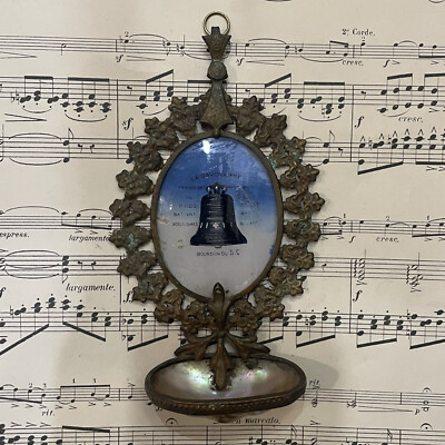 Small Antique French Sacre Coeur Bell Holy Water Font Mother of Pearl 1920
