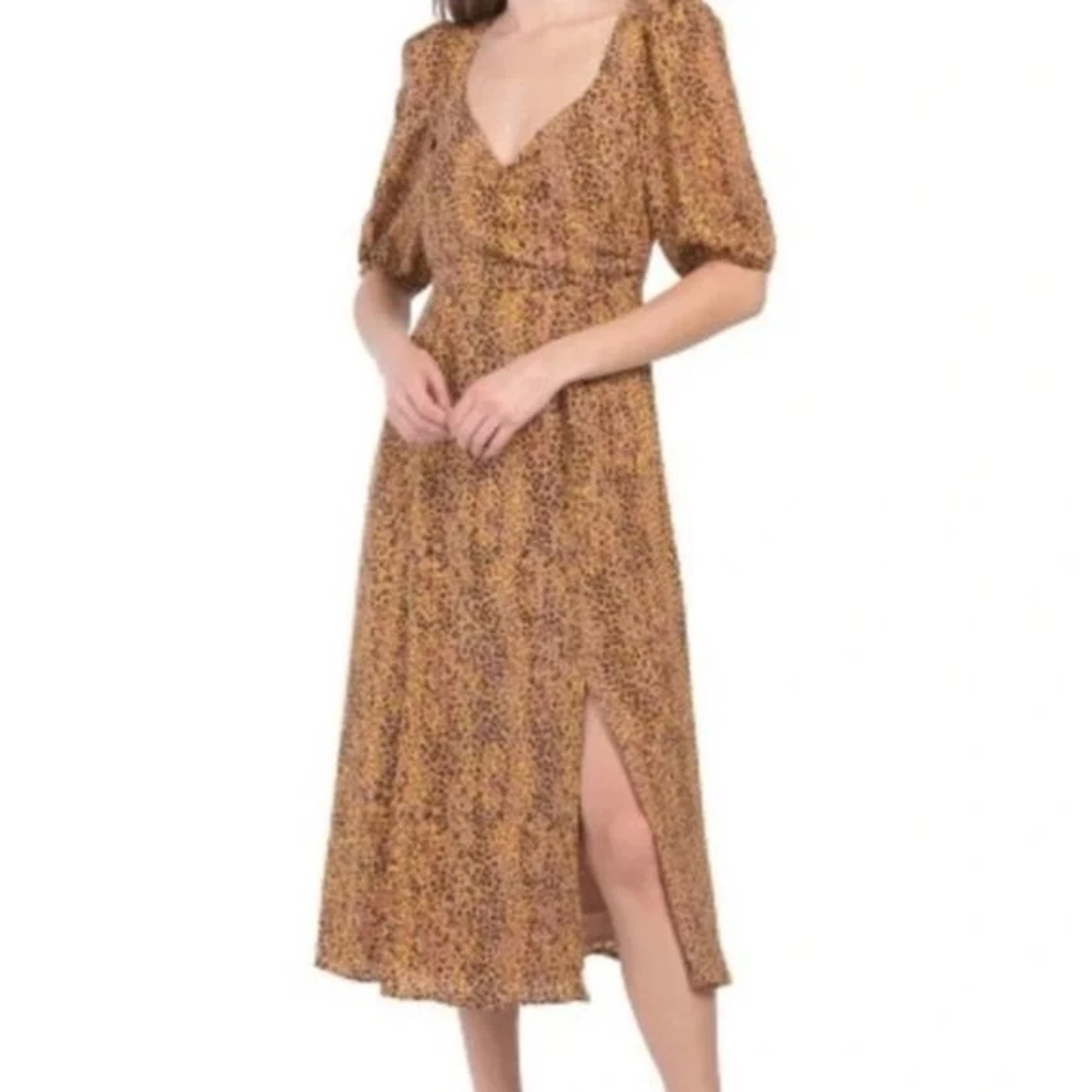 Wayf Leopard Print Surplice Neckline Puff Sleeve Slit Leg Midi Dress Size  Medium | eBay