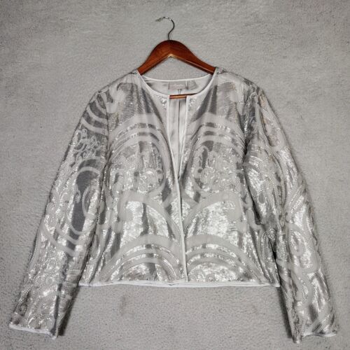 Chico's Travelers Jacket Womens 1 Gray Silver Sequin Open Front Crop Preppy