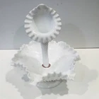 Vintage Fenton White ruffled Milk Glass Hobnail Epergne With One Horn
