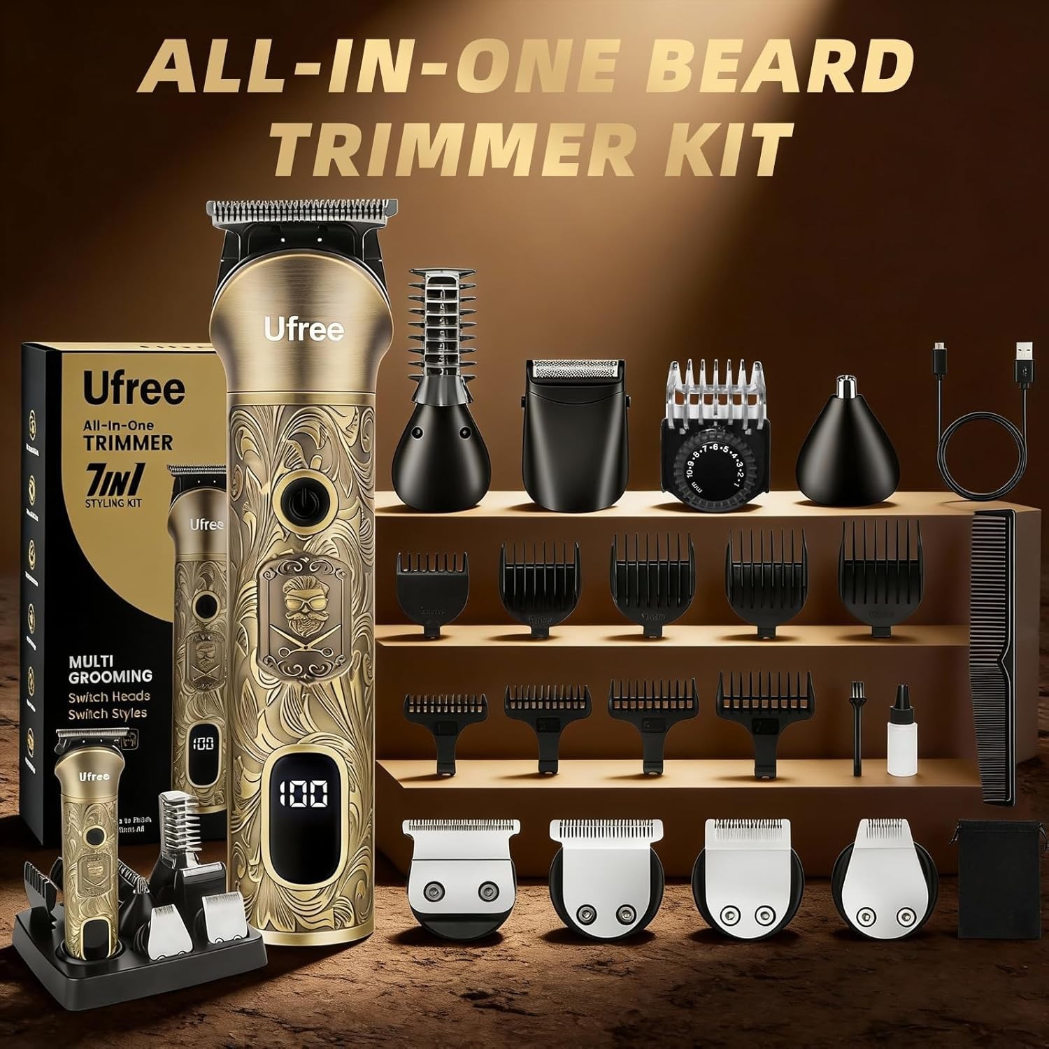 Electric Beard Trimmer Men Grooming Kit 7 Heads Electric Razors for Face Body
