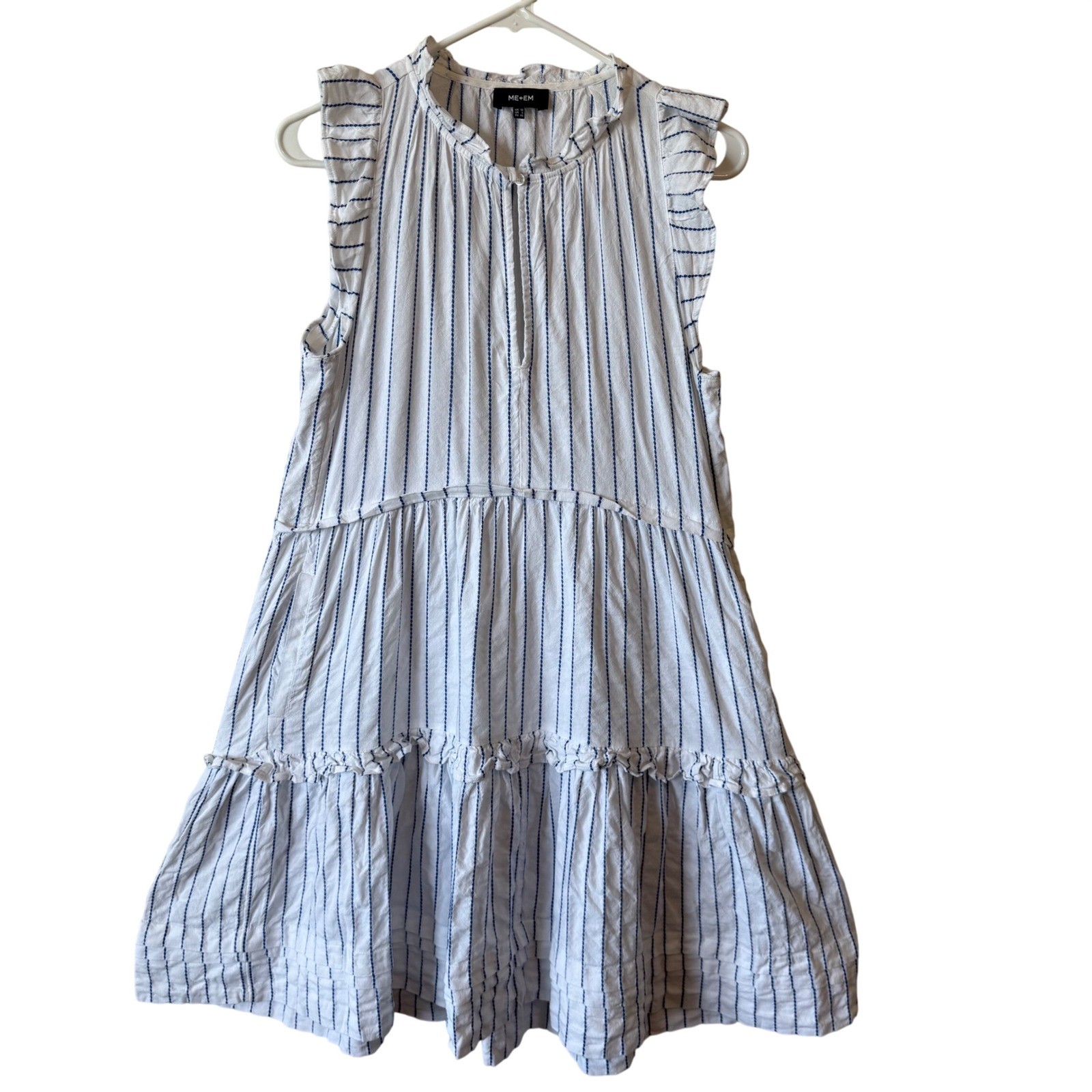 ME+EM Blue White Striped Tiered Ruffle Mini Dress Sleeveless Pocket Sz 8 coastal