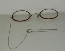 Antique Vintage Eyeglasses or Spectacles with Chain and Hairpin Clip Full Rim