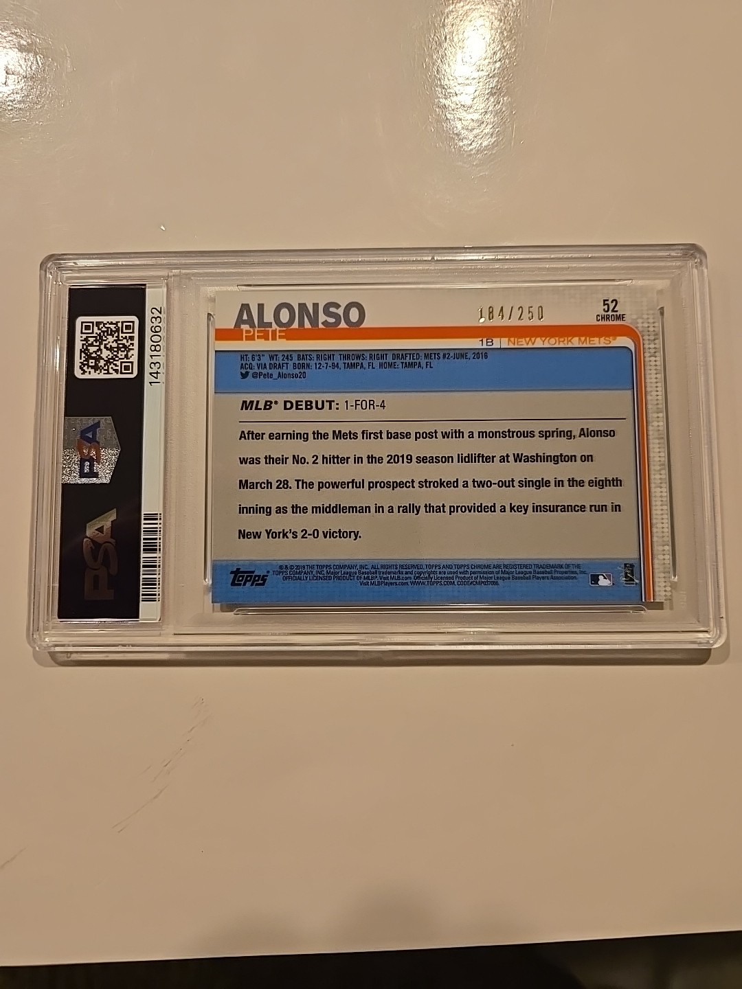 Pete Alonso 2019 Topps Chrome Update Rc Refractor Sp/250 Psa 9 Mint #52 view 2