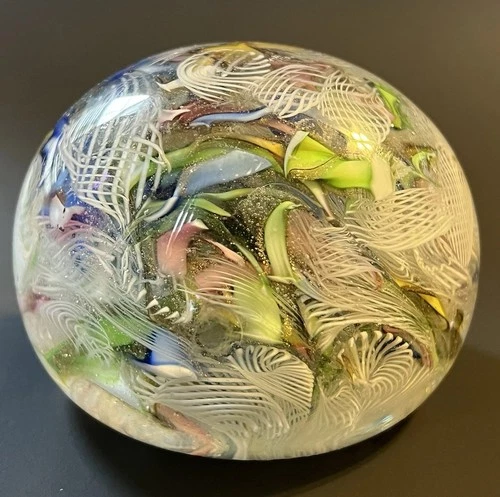 Vintage Murano Latticino Zanfirico Scramble Paperweight w/ Aventurine 2.75" MCM