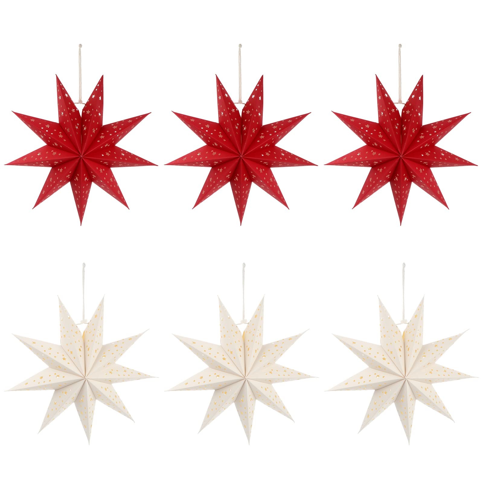 6 Pcs White, Red 9-Pointed Paper Star Lantern, Lampshade, Hanging, Christmas