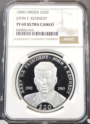 2000 LIBERIA SILVER 20 DOLLARS JOHN F KENNEDY NGC PF 69 ULTRA CAMEO RARE TOP POP