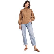 Just Female Merle Shirt Size 38 US 6 M Tan Blue Organic Cotton Balloon Sleeve
