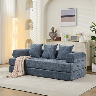 Chenille Floor Sofa Bed Convertible  Blue Folding Mattress Couch for Lounge Home